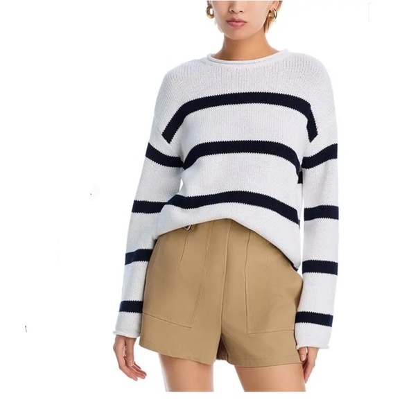 AQUA Cotton Drop Shoulder Crewneck Striped Sweater – White/Black, M, NWT - Picture 2 of 6